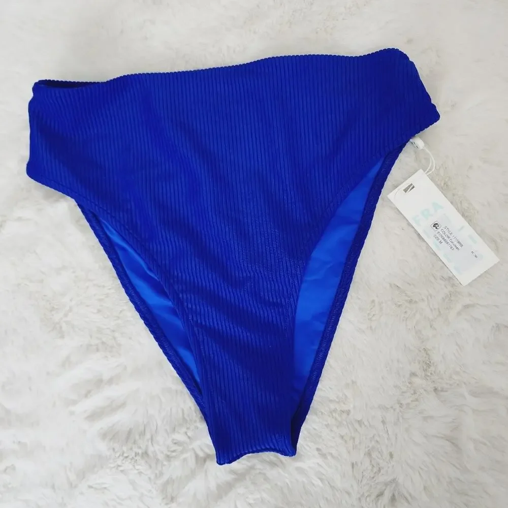 Frankies Bikinis Jenna Ribbed High Waist Bikini Bottom Cerulean Blue NWT Small